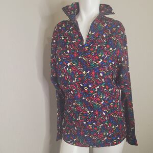 Omanti size 4 top silk stretch pockets geometric zip mock neck longsleeve